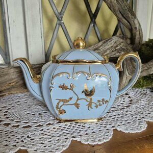 RARE 1930s Sadler Cube Teapot from England - Blue, 24KT Gold Gilding, with Birds